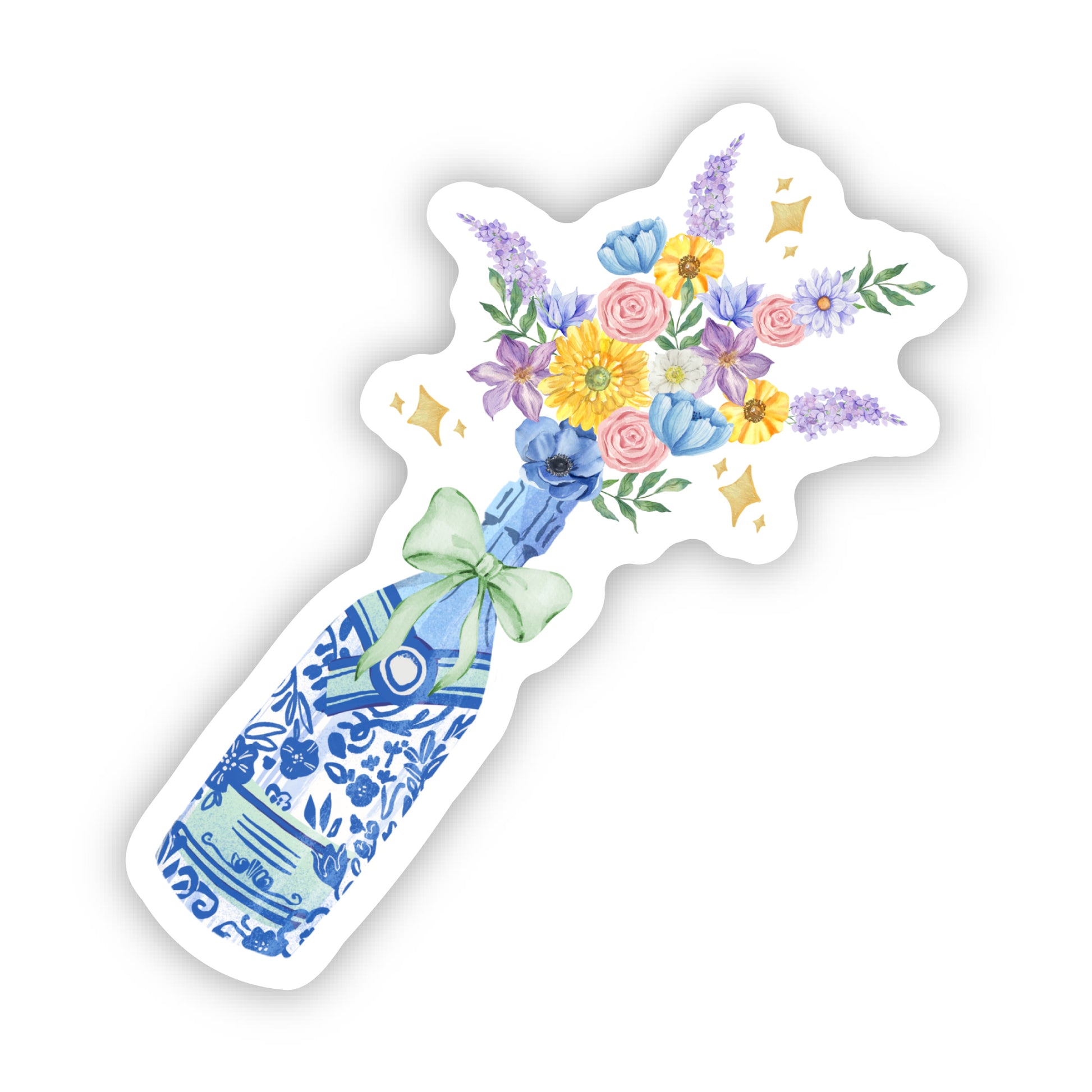 Blue floral champagne bottle with flowers blooming as popping champagne
